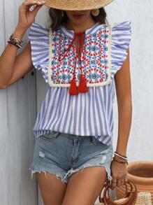 Breezaya Casual Striped Embroidery Tassel Rope And Lace Hem Patchwork Ruffle Cap Sleeve Shirt - Multicolor - View 1