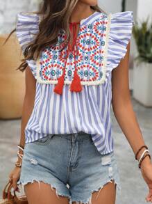 Breezaya Casual Striped Embroidery Tassel Rope And Lace Hem Patchwork Ruffle Cap Sleeve Shirt - Multicolor - View 5