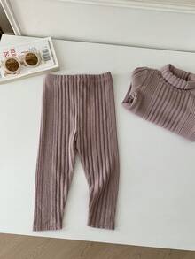 SHEIN 2 件套女婴休闲针织高领上衣和裤子套装 - 藕粉色 - 查看 4