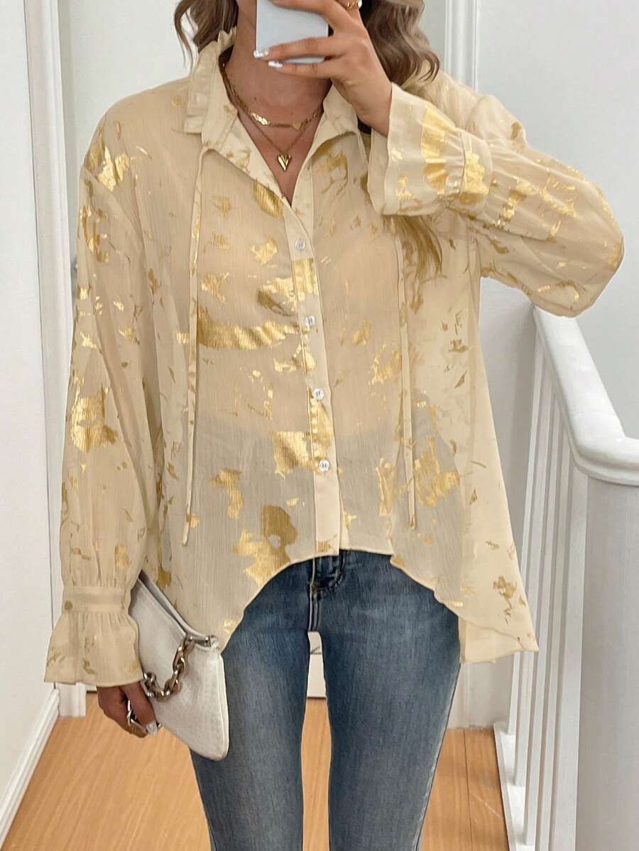SHEIN Clasi Women's Elegant Gold Floral Print Ruffle Collar Tie Front Long Sleeve Blouse Fall Cloth For Women - Multicolor - View 1