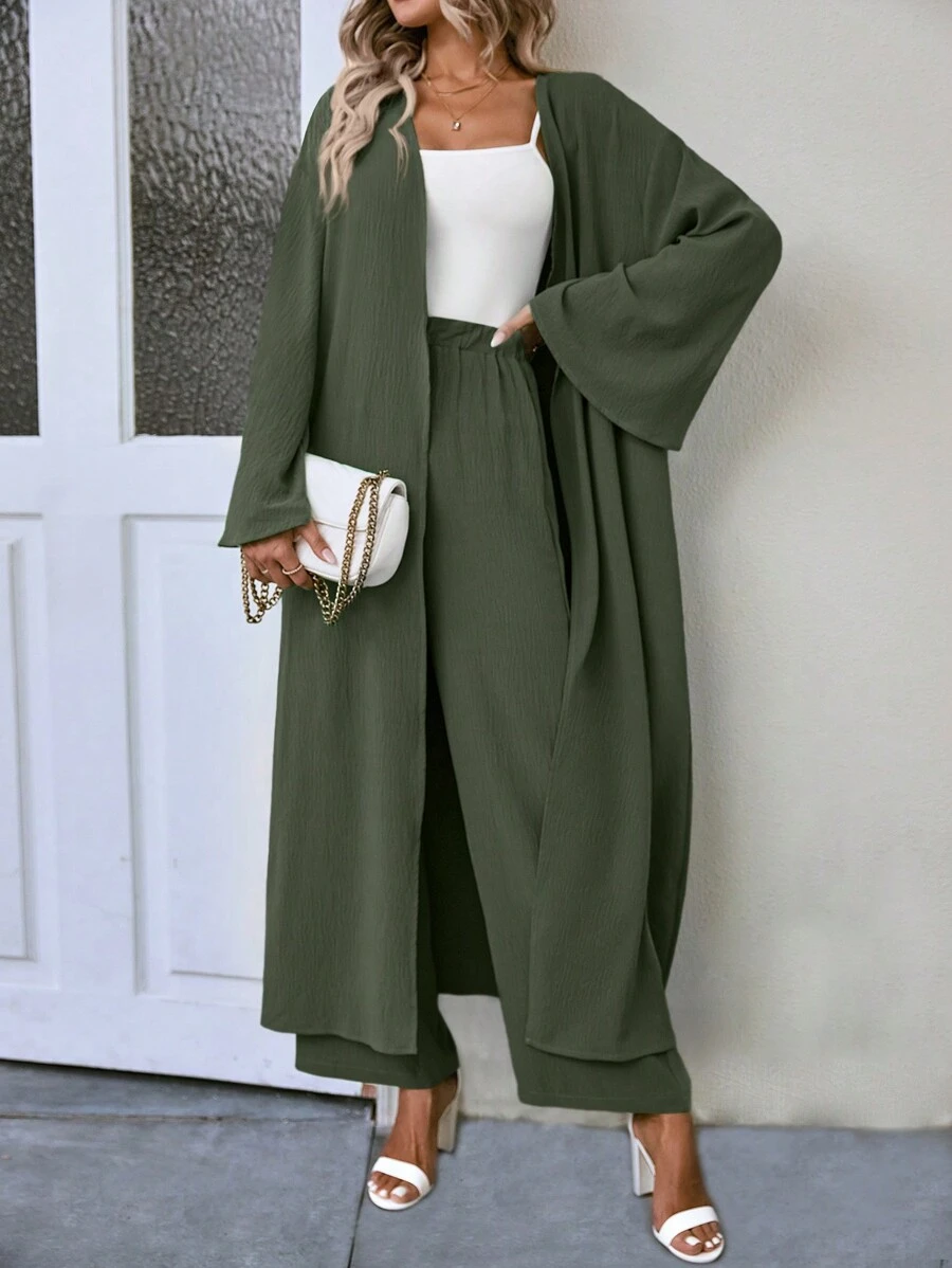 Balvessa 2pcs Set Casual Solid Color Bell Sleeve Robe And Pants, Spring & Autumn - Army Green - View 1