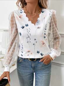 SHEIN Clasi Women's Floral Print Fitted Shell Trim Paneled Mesh Long Sleeve Blouse