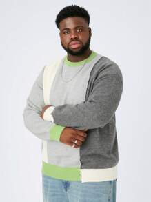Mainfolk Plus Size Men's Casual Patchwork Loose Dropped Shoulder Crew Neck Sweater, Suitable For Autumn/Winter - Multicolor - View 5
