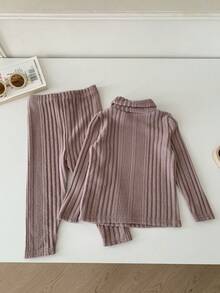 SHEIN 2 件套女婴休闲针织高领上衣和裤子套装 - 藕粉色 - 查看 2