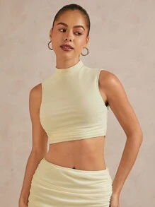 L'Amorae Top de tirantes corta fruncida con cuello alzado unicolor - Albaricoque - Ver 4