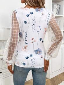 SHEIN Clasi Women's Floral Print Fitted Shell Trim Paneled Mesh Long Sleeve Blouse