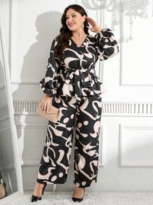 Modelyn 2 piezas/set Blusa de manga larga con estampado integral y cuello en V talla grande talla, y pantalón casual de pierna recta - Multicolor - Ver 6