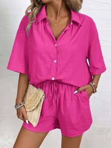 EMERY ROSE Women's Summer Solid Color Drop-Shoulder Sleeve Shirt And Waist-Tied Loose Casual Shorts 2pcs Outfit - Hot Pink - View 6