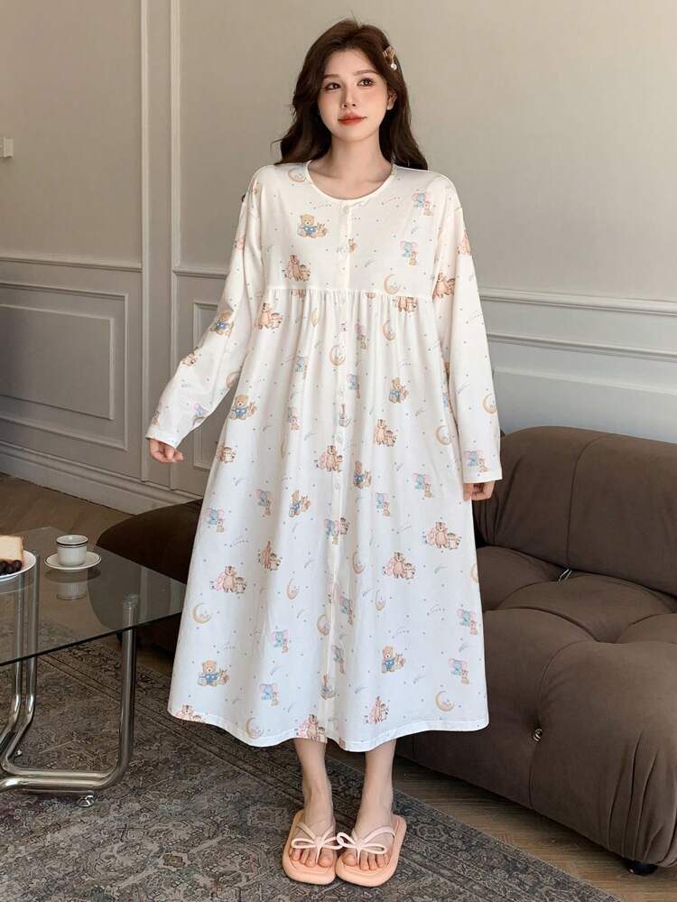 Cute Cartoon Print Loose Round Neck Sleep Dress, Fall, Winter, Moo Moo Night Dress