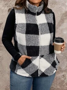 SHEIN LUNE Plus Size Sleeveless Fluffy Jacket With Front Zipper Pockets, For Daily Casual Wear Winter Fall Autumn - Black and White - View 7