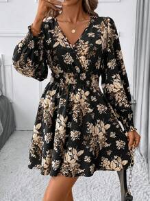 SHEIN Clasi Black Floral Print Short Dress For Women - Multicolor - View 1