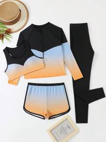 4 件套 Tween 女童渐变色拼色泳衣套装 - 彩色 - 查看 1