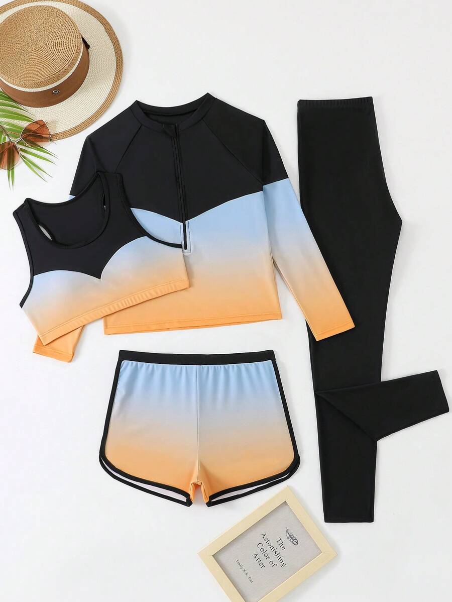 4 件套 Tween 女童渐变色拼色泳衣套装 - 彩色 - 查看 1