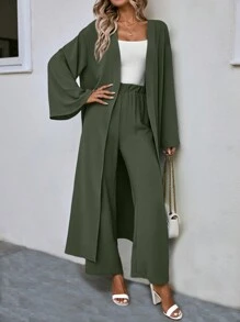 Balvessa 2pcs Set Casual Solid Color Bell Sleeve Robe And Pants, Spring & Autumn - Army Green - View 4