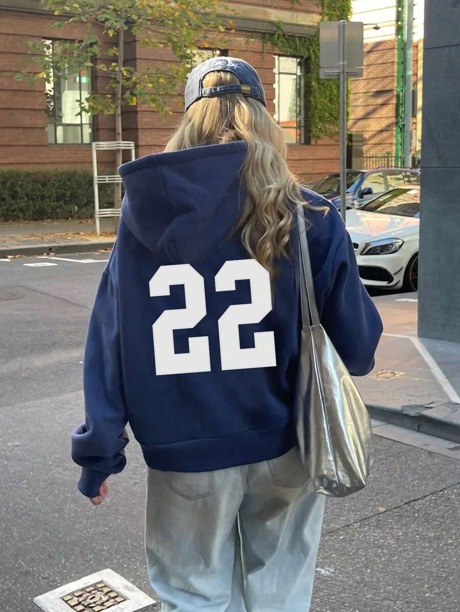 INAWLY 超大款休闲套头连帽运动衫，背面印有“22”字样 - 藏蓝色 - 查看 1