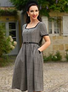 Vintamour Đầm suông họa tiết kẻ caro cổ vuông tay ngắn xếp nếp đơn giản công sở ngày lễ kèm thắt lưng, váy xòe hình thang cổ điển mùa thu dành cho nữ, váy dạ hội, váy giáng sinh, váy mùa thu cho nữ, váy giáng sinh, lễ tạ ơn - màu nâu - Xem 2