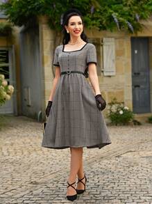 Vintamour Đầm suông họa tiết kẻ caro cổ vuông tay ngắn xếp nếp đơn giản công sở ngày lễ kèm thắt lưng, váy xòe hình thang cổ điển mùa thu dành cho nữ, váy dạ hội, váy giáng sinh, váy mùa thu cho nữ, váy giáng sinh, lễ tạ ơn - màu nâu - Xem 4