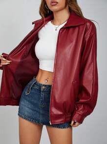 Chaqueta negra de PU con cremallera y hombros caídos para otoño/invierno - Rojo - Ver 7