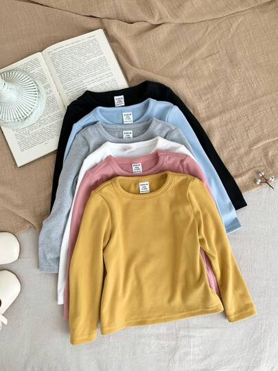 SHEIN LMoss Kids LMoss 女婴纯色针织弹力长袖汗衫上衣多件装，秋冬