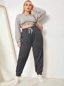 SHEIN EZwear Plus Size Casual Solid Color Drawstring Waist Jogger Pants Graduation,Back To School Outfits,Graduation,Teacher Outfits For Women,Back To School - Dark Grey - View 4