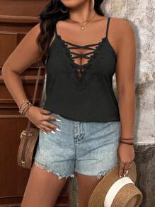EMERY ROSE Plus Size Plain Sleeveless Hollow-Out Casual Tank Top - Black - View 4