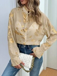 SHEIN Clasi Women's Elegant Gold Floral Print Ruffle Collar Tie Front Long Sleeve Blouse Fall Cloth For Women - Multicolor - View 7