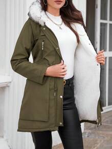 EURMUSE Women'S Parka Padded Jacket With Drawstring Waist And Hooded Design - Army Green - View 4