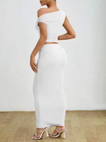 SHEIN PETITE Women's Asymmetric Ruffle Top And Skirt Set - White - View 2