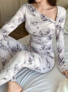 DAZY Floral Print Fitted Asymmetric Neck Pajama Set, Fall Winter Clothes - Beige - View 1