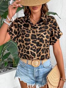 EMERY ROSE 女士豹紋蝙蝠袖衫 - 棕色 - 查看 5