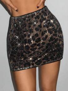 EgrlEra Leopard Print Patchwork Sequin Embellished Summer Party Mini Skirt Y2K Outfit  For Holiday Party Clothes - Multicolor - View 3