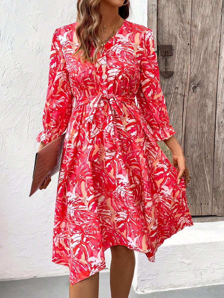 SHEIN LUNE Women Tropical Plant Printed Half-Placket Vacation Dress - Multicolor - View 1