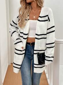 SHEIN LUNE Striped Long Sleeve Hollow Splice Casual Cardigan - Black and White - View 1