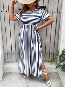 SHEIN VCAY Plus Size Holiday Casual Color Blocked Striped Side Slit Dress