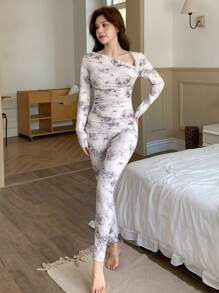 DAZY Floral Print Fitted Asymmetric Neck Pajama Set, Fall Winter Clothes - Beige - View 6