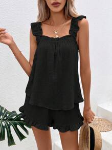Breezaya Solid Ruffle Trim Top & Shorts - Black - View 4