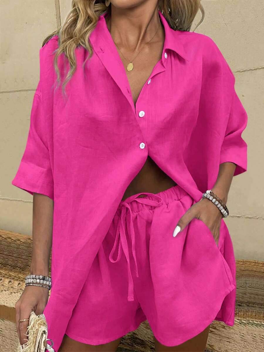 EMERY ROSE Women's Summer Solid Color Drop-Shoulder Sleeve Shirt And Waist-Tied Loose Casual Shorts 2pcs Outfit - Hot Pink - View 1
