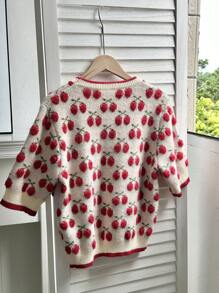 Elamini Women's Casual Cherry Print Short Sleeve Knit Sweater, Spring And Autumn - Apricot - View 2