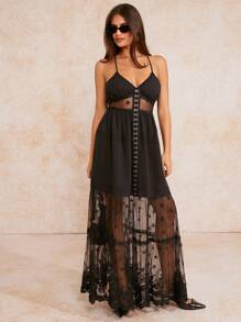 Forever 21 夏季女士細肩帶拼接半透明波西米亞音樂節度假風格連衣裙 - 黑色 - 查看 6