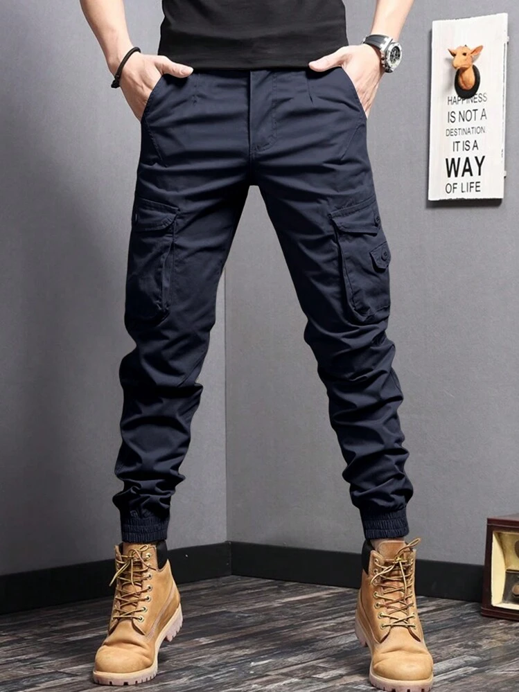 Manfinity Homme Pantalones cargo jogger de unicolor casual para hombre, otoño - Azul Marino - Añade 4