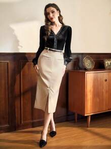 Vintamour Vintage Elegant Women's Midi Pencil Skirt With Belt, Casual & Business Wear Business Casual Homecoming Fall Winter Halloween Office Wear Work Old Money - Khaki - View 4