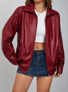 Chaqueta negra de PU con cremallera y hombros caídos para otoño/invierno - Rojo - Ver 4