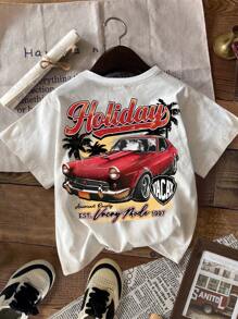 SHEIN 3pcs Vintage Racing Car Print Tween Boys Casual Simple Car Pattern Crew Neck Short Sleeve T-Shirts, Summer