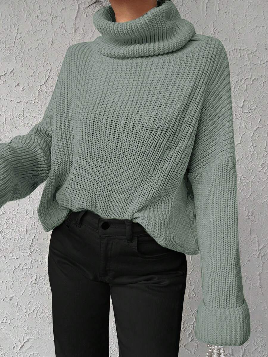 EURMUSE High Neck Drop Shoulder Sweater - Mint Green - View 1