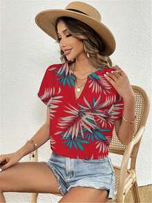 女士热带植物印花 V 领蝙蝠袖衬衫、度假装 - 紅色 - 查看 4