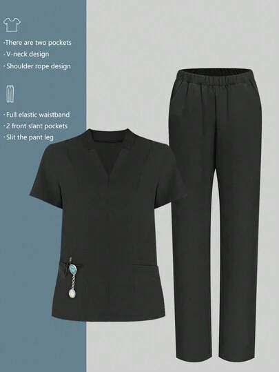 一套纯色短袖上衣和裤子护士服