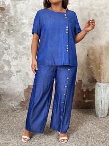 2 piezas Conjunto de blusa holgada de manga corta con botones y pantalón casual de pierna recta para tallas grandes - Azul - Ver 6