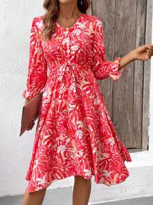 SHEIN LUNE Women Tropical Plant Printed Half-Placket Vacation Dress - Multicolor - View 5