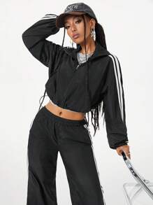 SHEIN EZwear Women's Fall/Winter Preppy Basic Game Day Zip Up Turtleneck Coat And Wide Leg Sweatpants Suit,Two Pieces