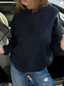 INAWLY 超大款休闲套头连帽运动衫，背面印有“22”字样 - 藏蓝色 - 查看 2